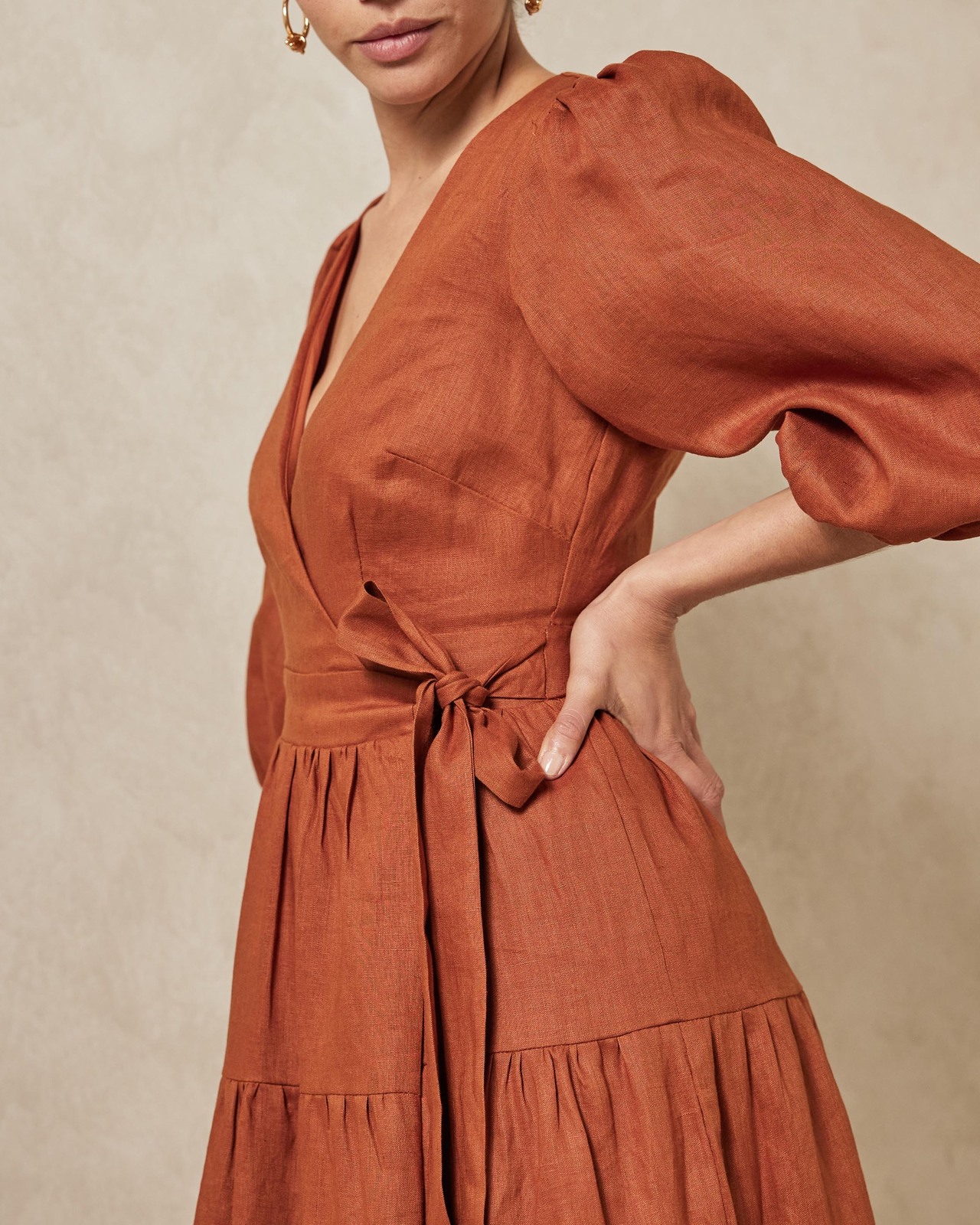 knee length dresses for ladies Linen Wrap Dress in Burnt Orange – Linen Swan main image 1
