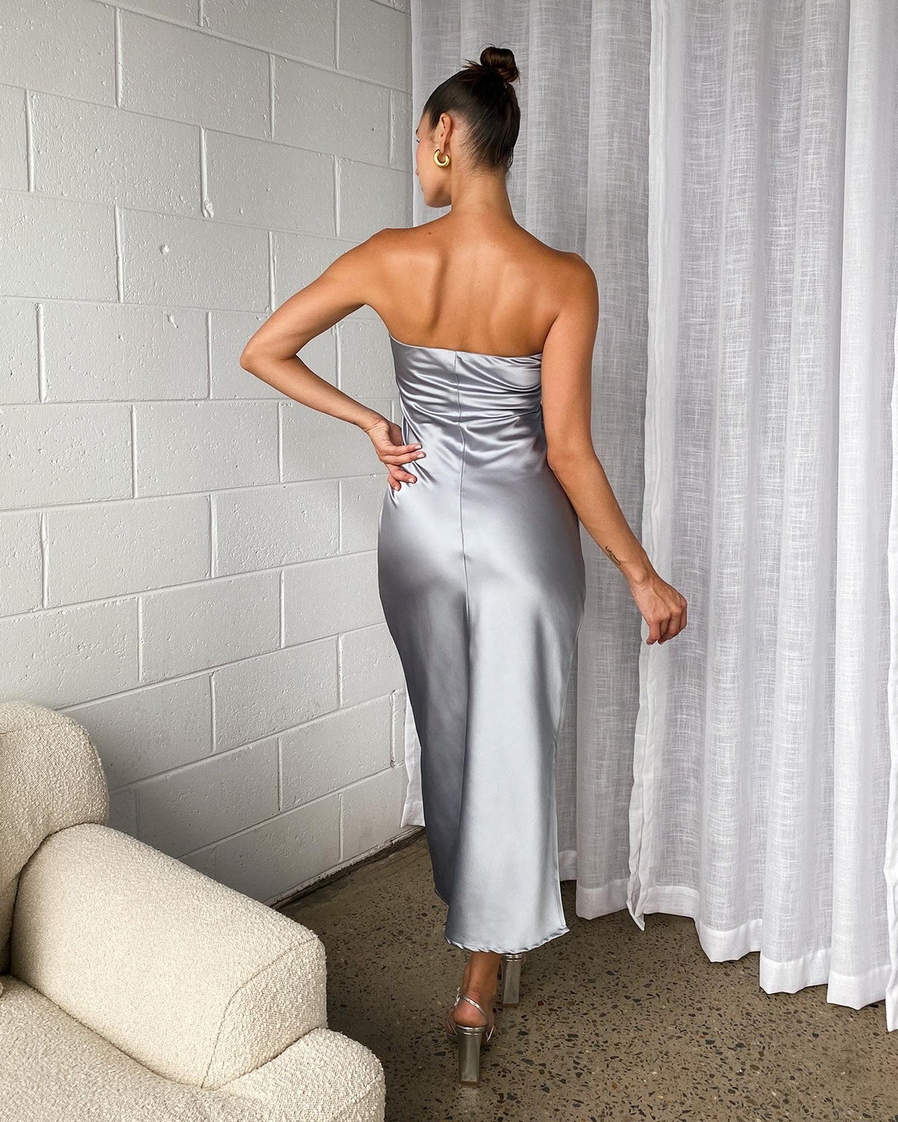 knee length dresses for ladies Lucinda Halter Satin Midi Dress  Shop American Threads Boutique Light Blue / S