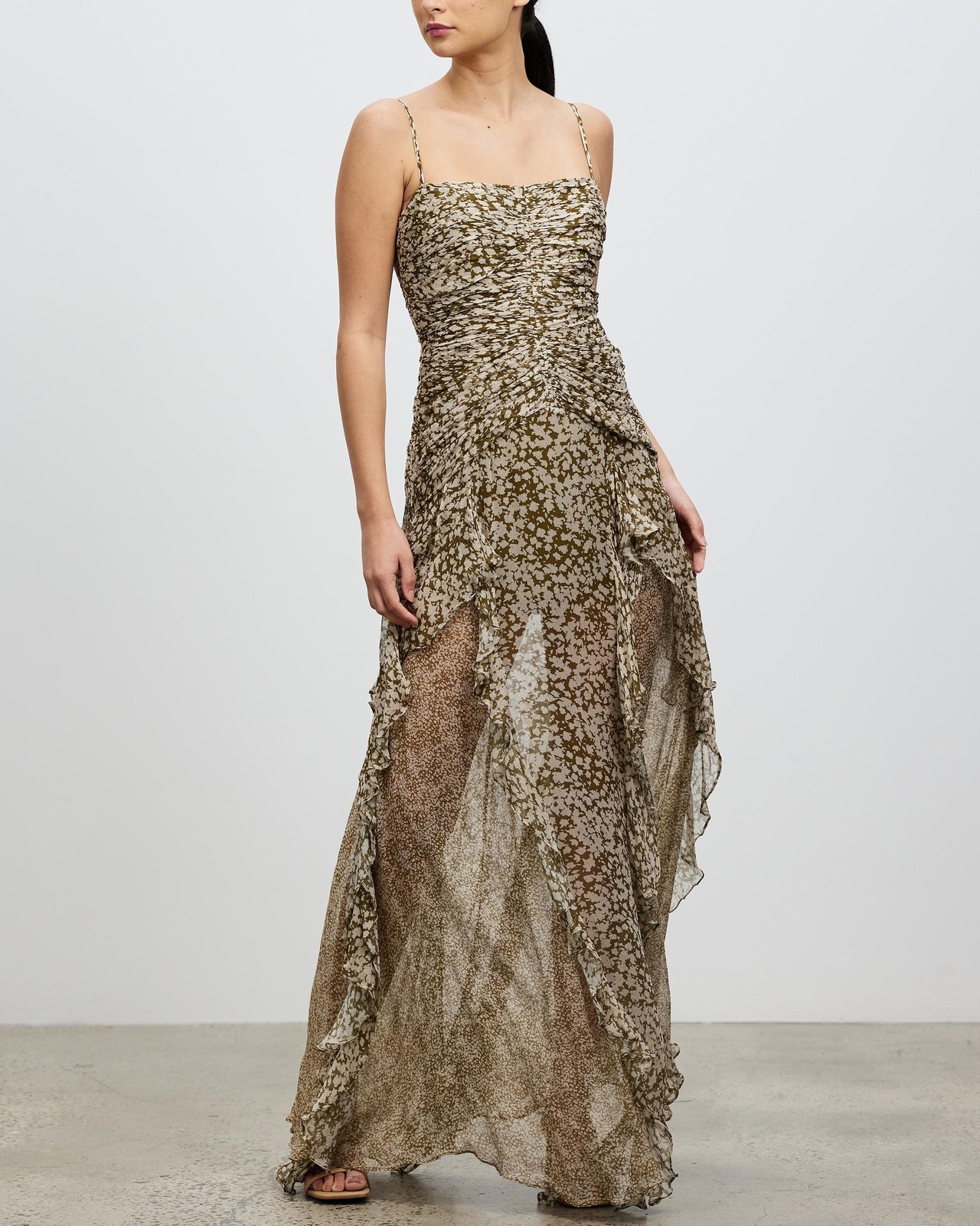 shona joy claudette ruched frill maxi dress Shona Joy Claudette Ruched Frill Midi Dress
