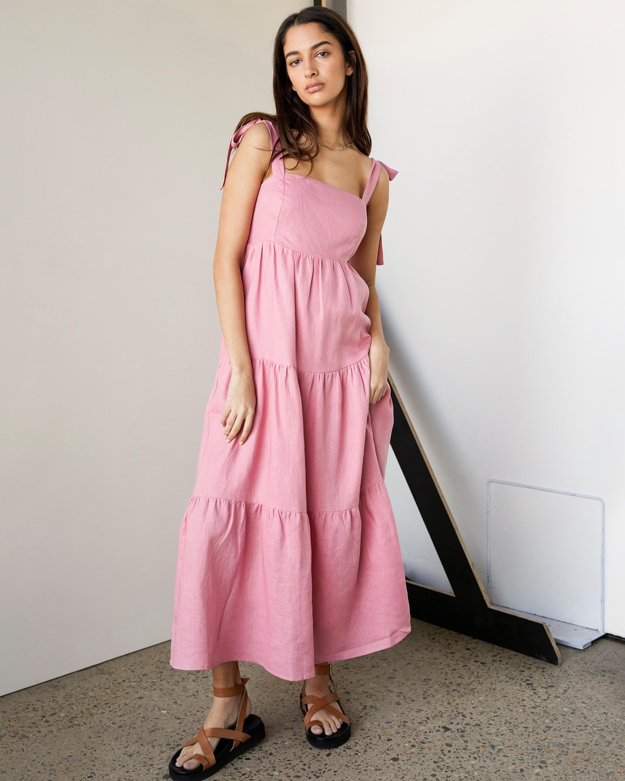 Linen Tie Strap Tiered Dress AirRobe