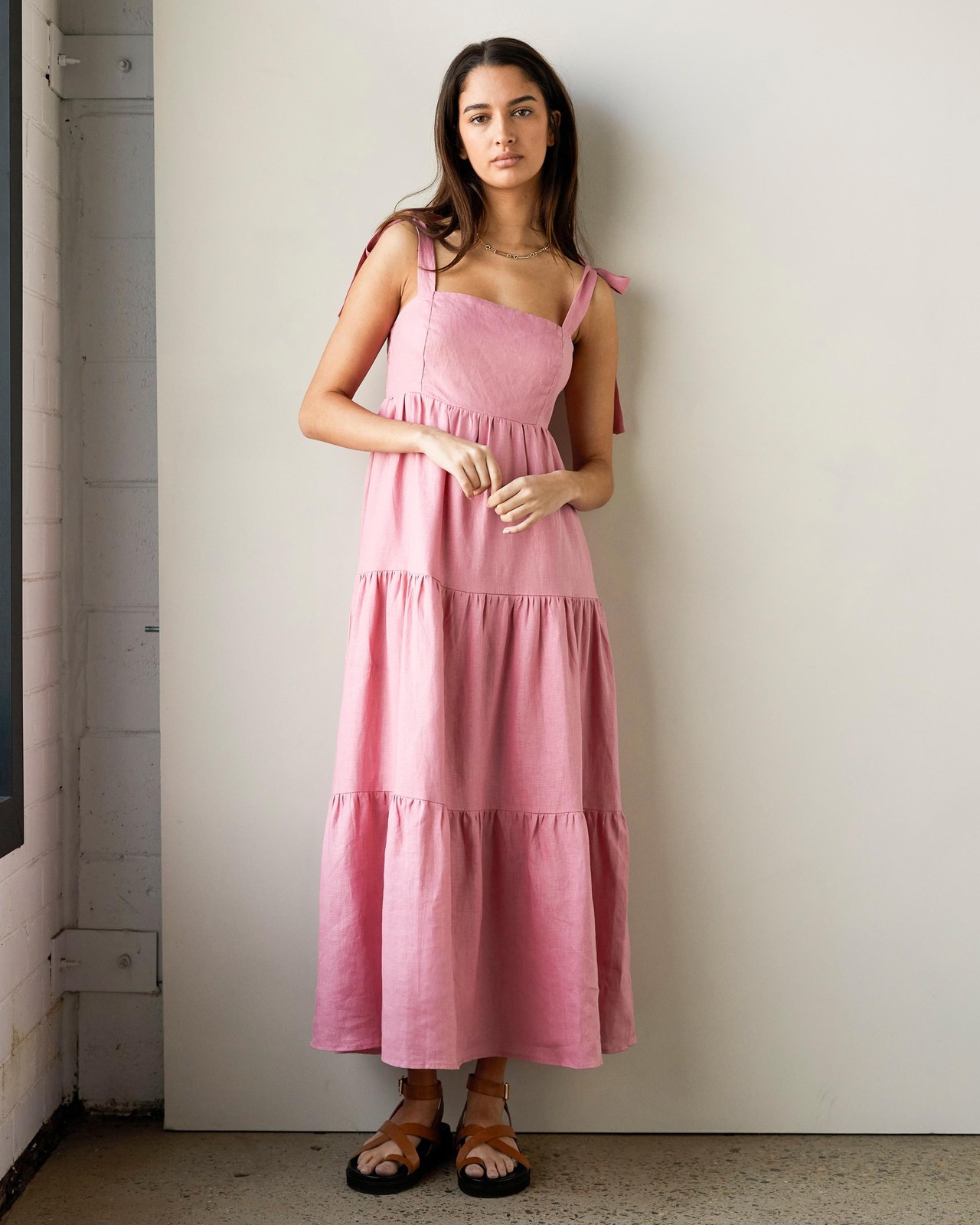 Linen Tie Strap Tiered Dress AirRobe