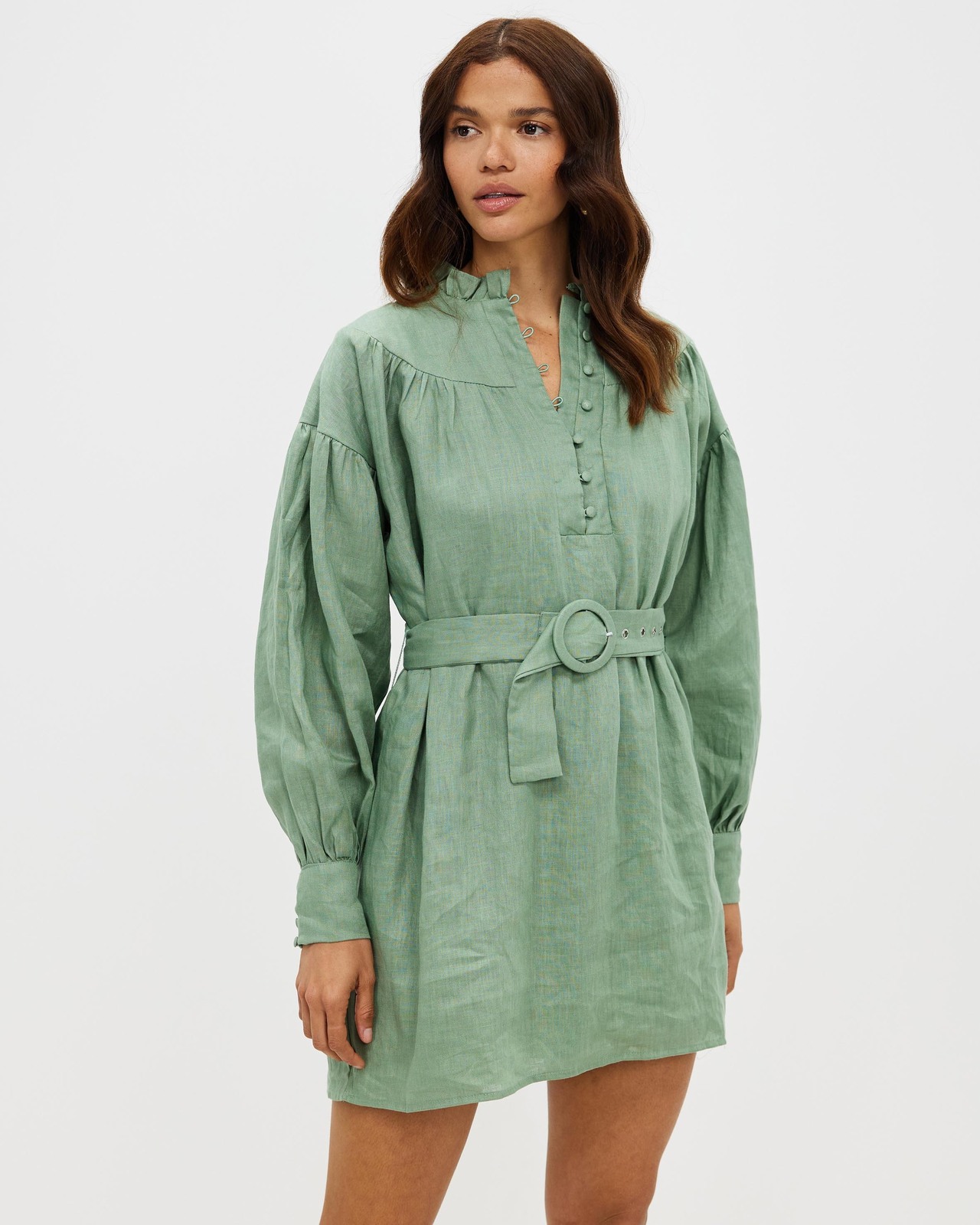 chinese dress ladies Sage Belted Linen Mini Dress Large