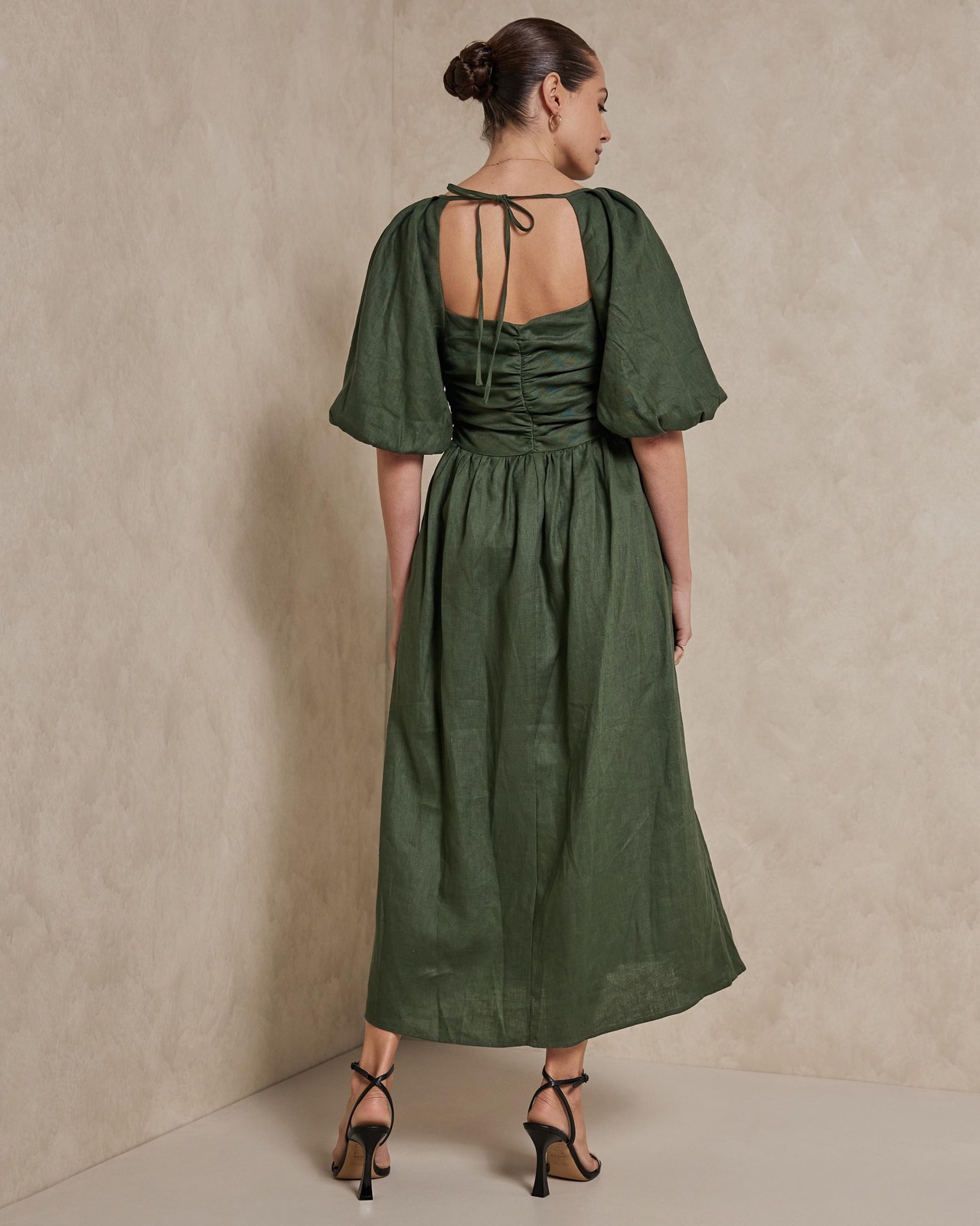 AERE Linen Ruched Bodice Midi Dress