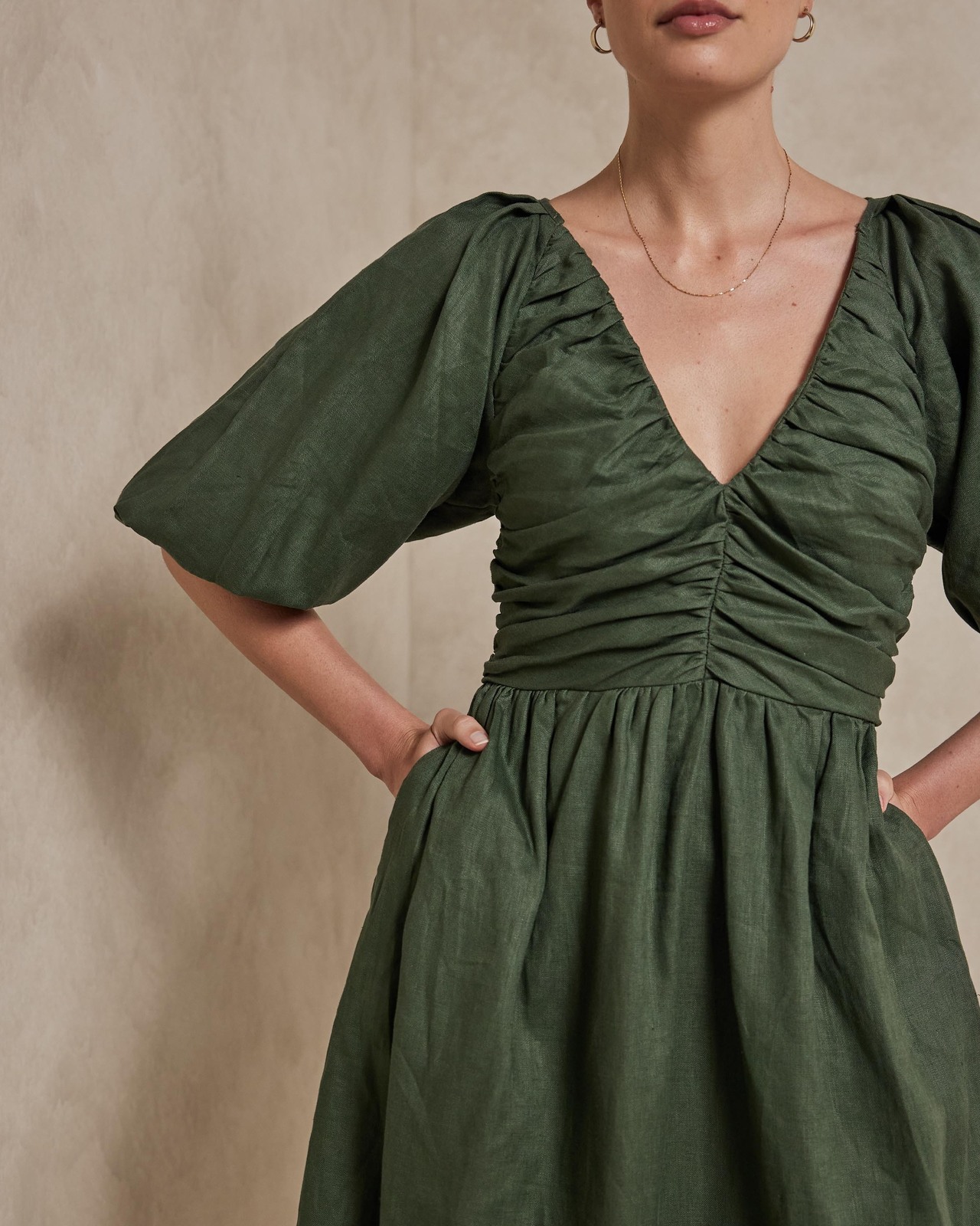 AERE Linen Ruched Bodice Midi Dress