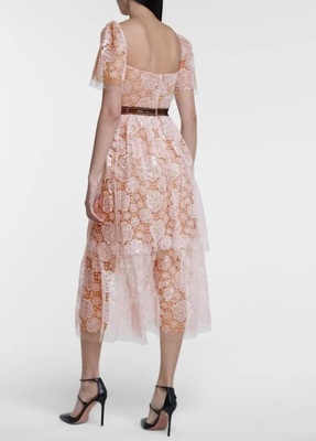 slim fit dress slacks Self Portrait Pink embroidered lace Tiered Mini Dress UK 6