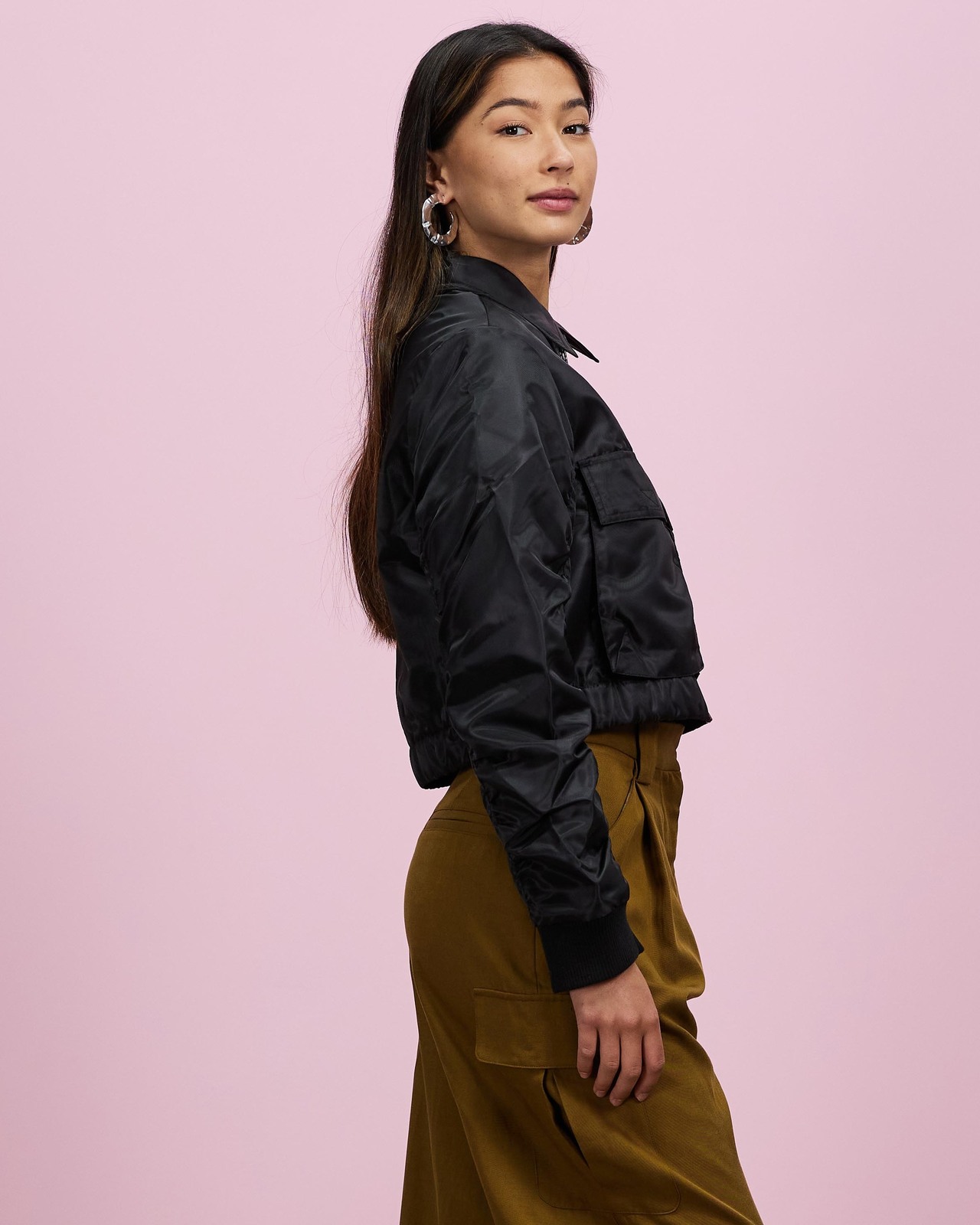 Nylon Cropped Bomber Jacket