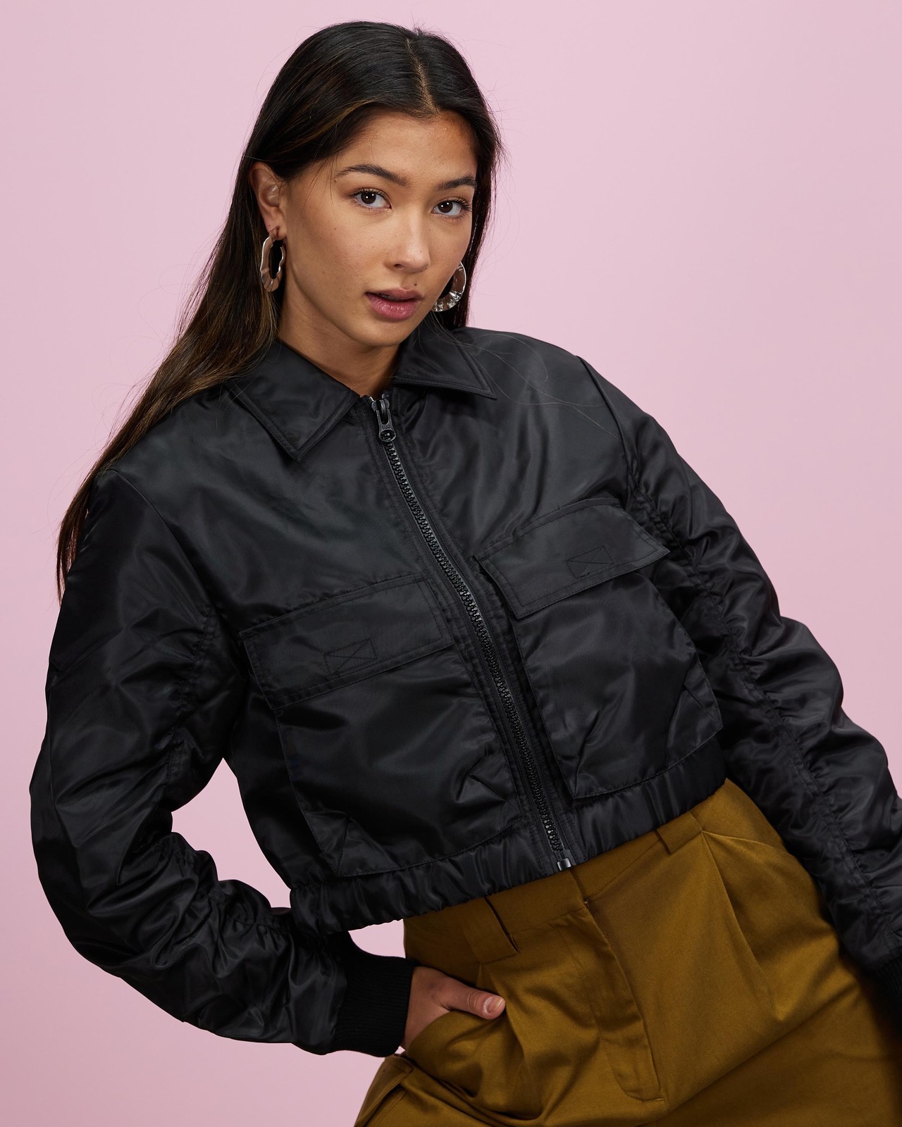 Nylon Cropped Bomber Jacket