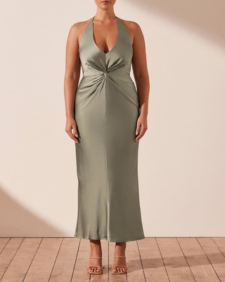 shona joy luxe twist front halter midi dress duster earrings