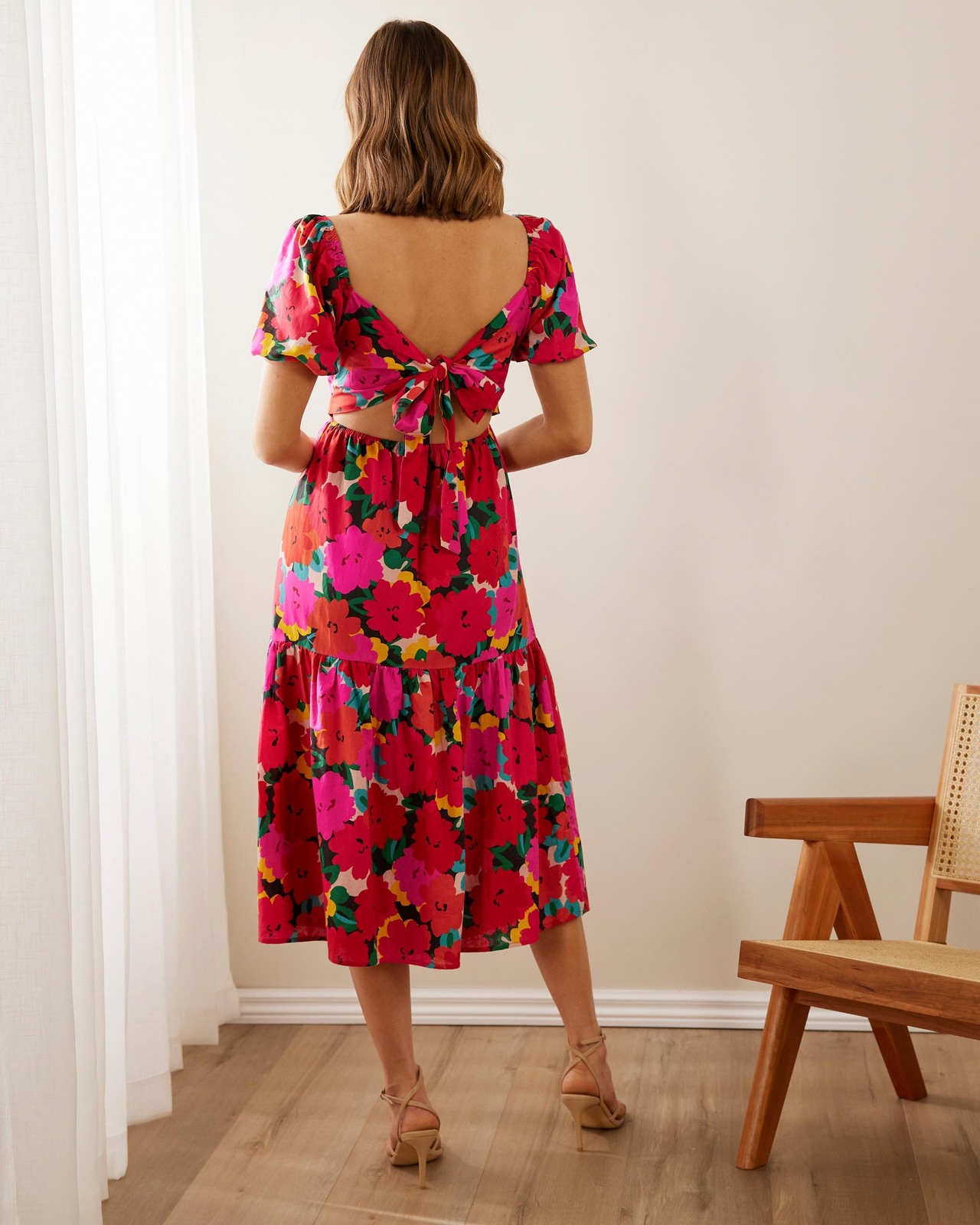Fairlight Open Back Linen Blend Midi Dress