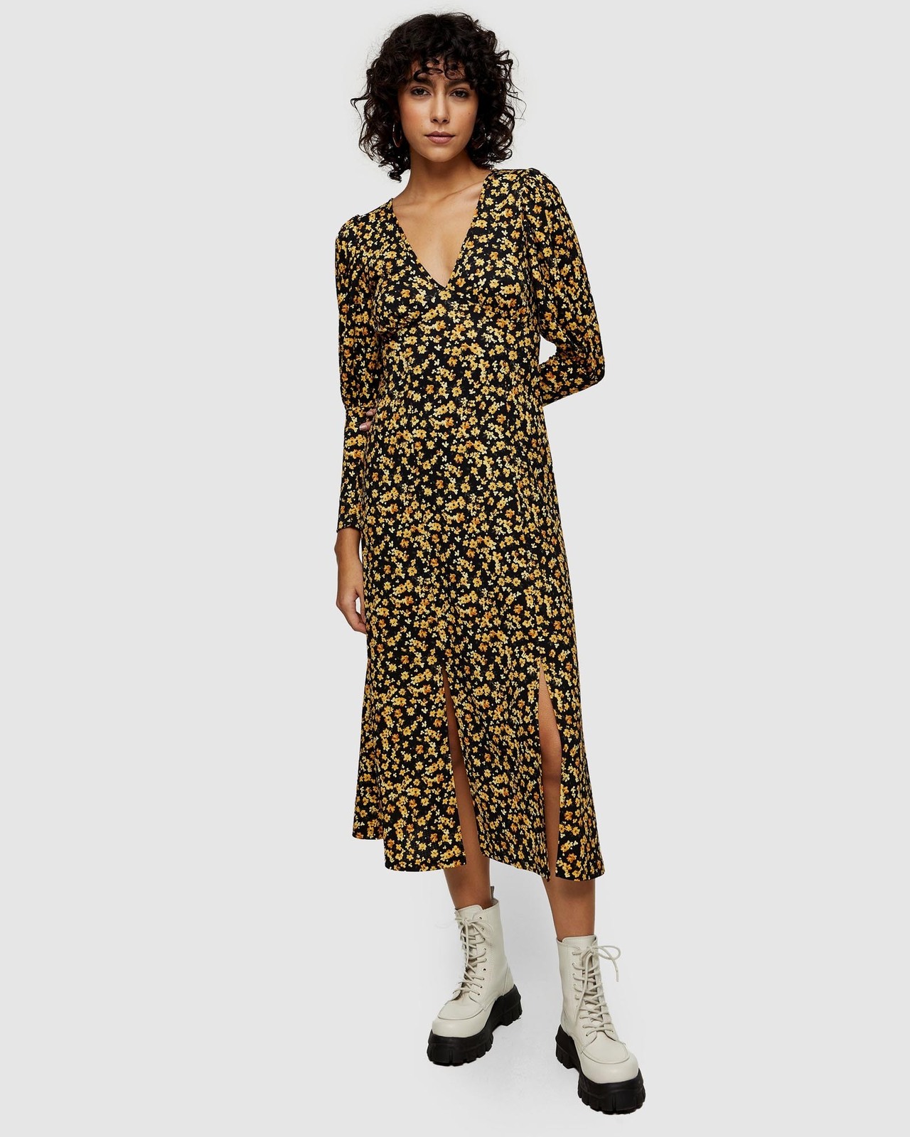 V-Neck Textured Midi Dress