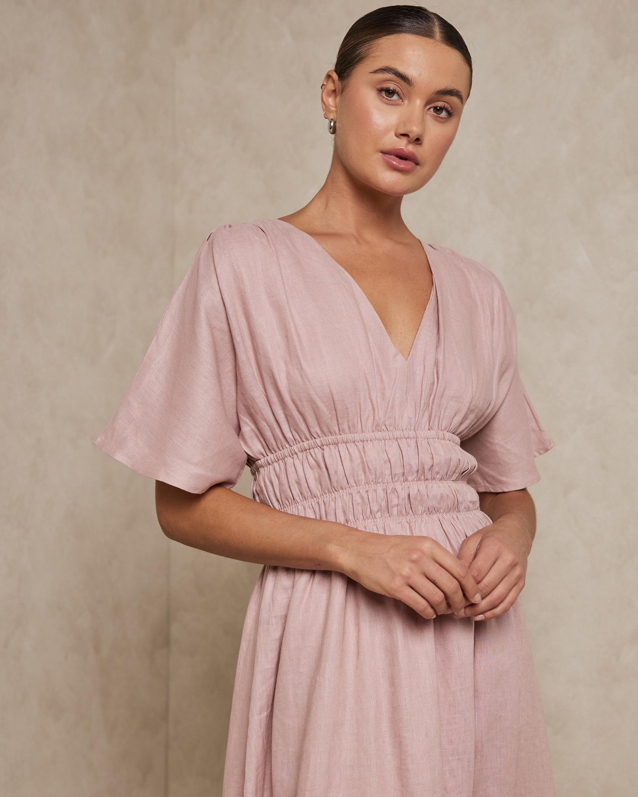 AERE Linen Shirred Midi Dress