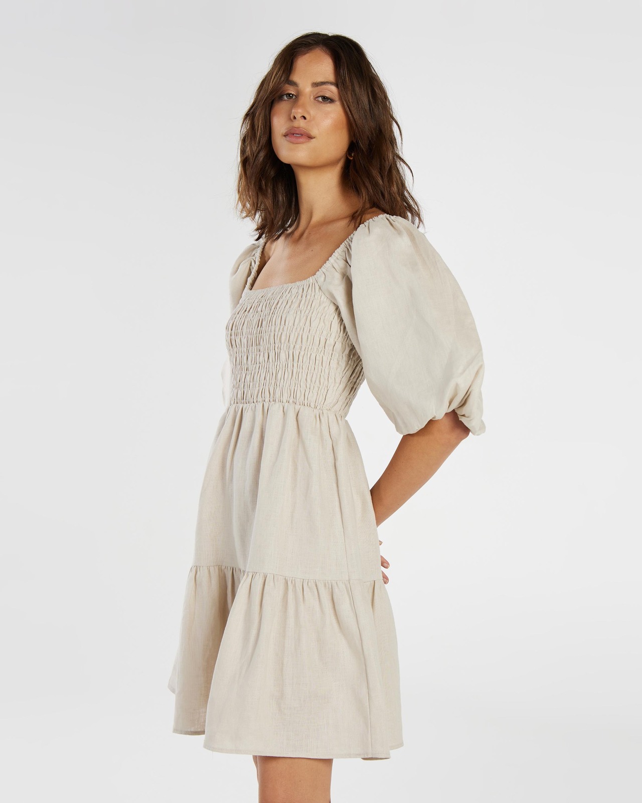 Shirred Linen Puff Sleeve Mini Dress