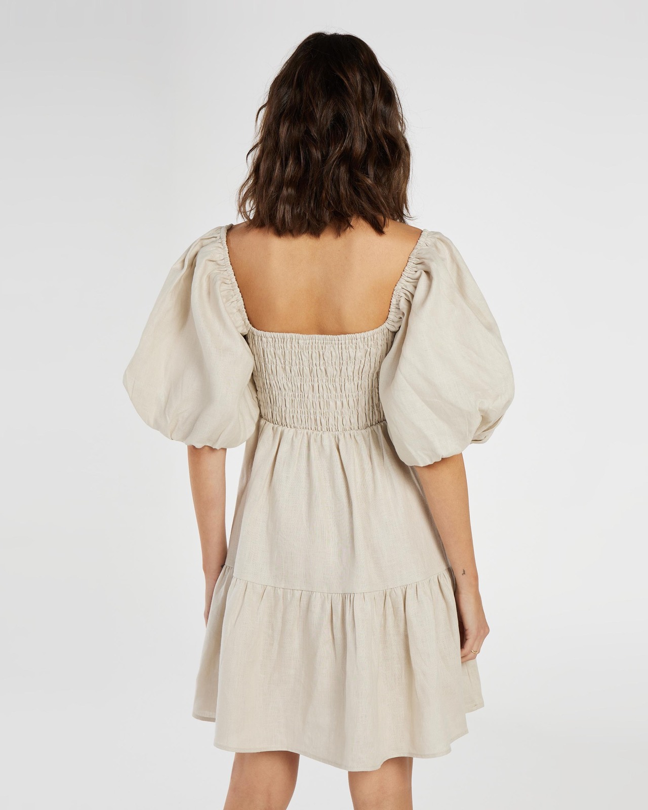 Shirred Linen Puff Sleeve Mini Dress