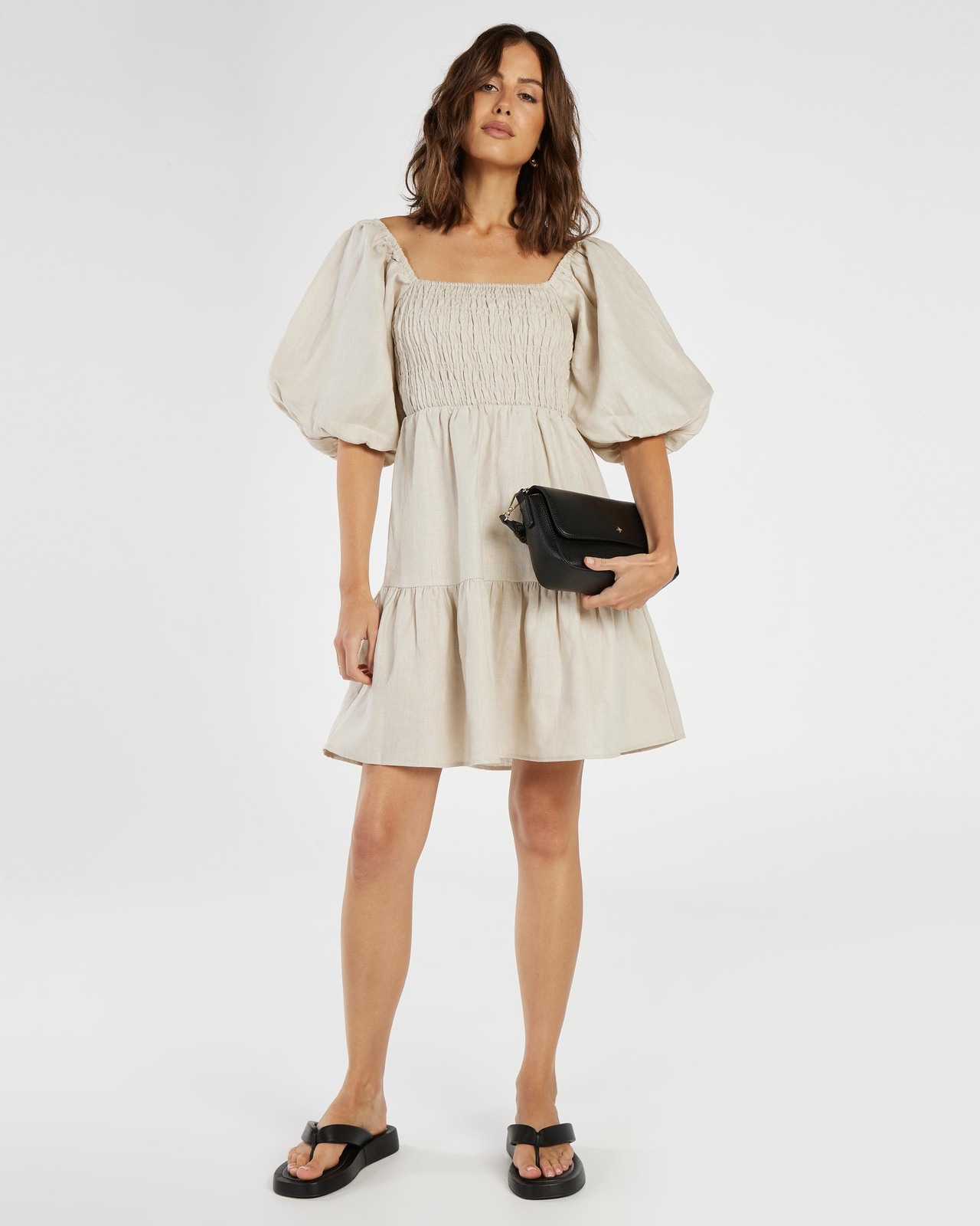 Shirred Linen Puff Sleeve Mini Dress