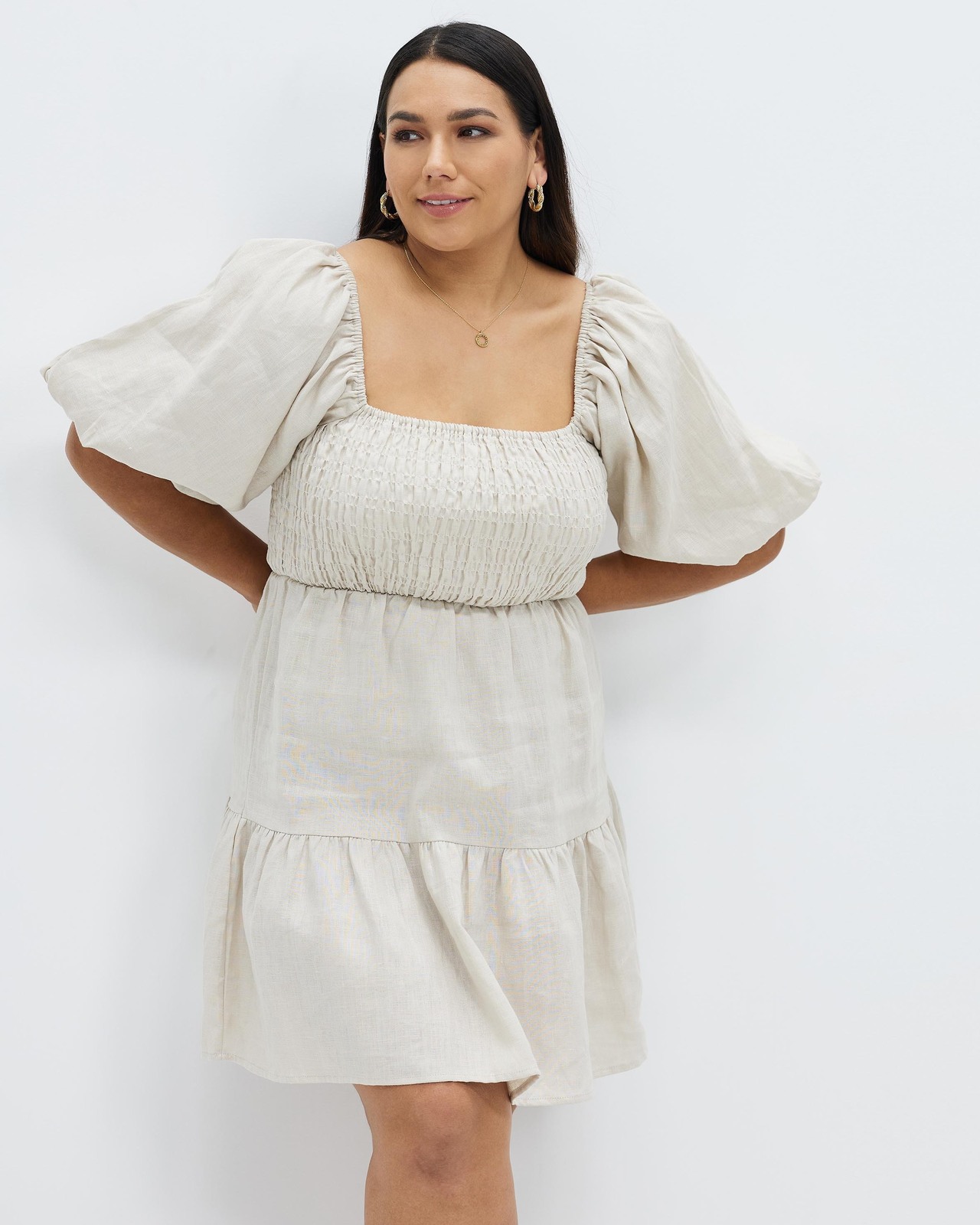 Shirred Linen Puff Sleeve Mini Dress