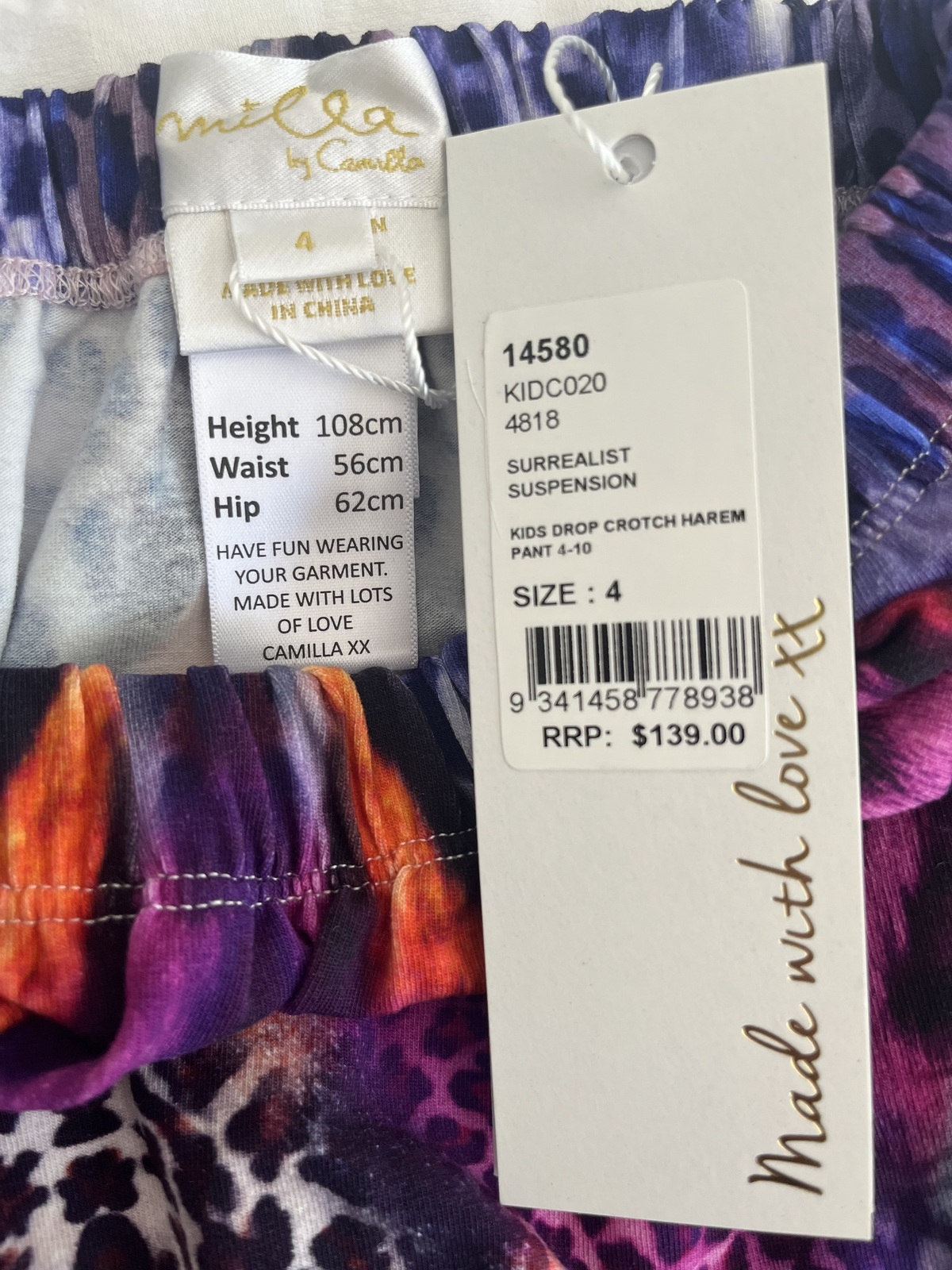 BNWT Camilla Kids Pants Size 4 RRP$139 Unisex