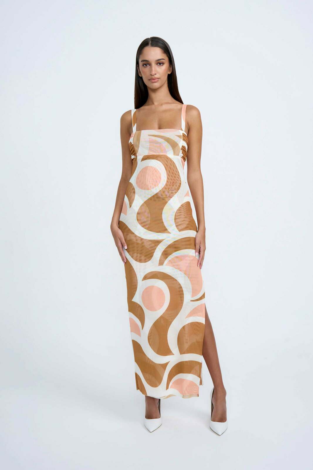 Geo Maze Mesh Midi Dress | Final Sale  - Brown Ivory Orange