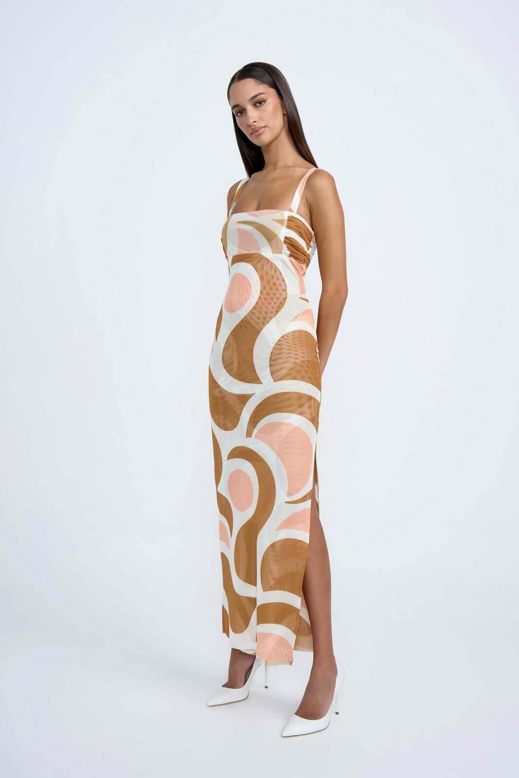 Geo Maze Mesh Midi Dress | Final Sale  - Brown Ivory Orange