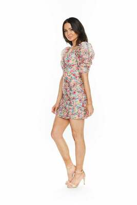 c/meo variation mini dress C/MEO Collective *Variation Red Floral Mini Dress Size XS Short Puff Sleeve