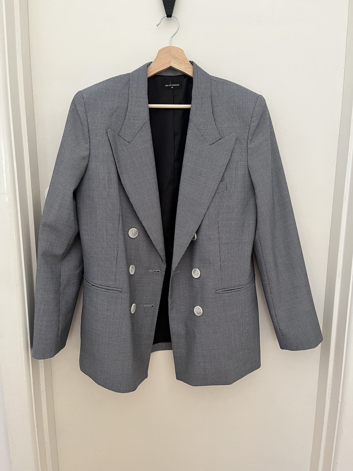 Navy and White Houndstooth Wool Blazer