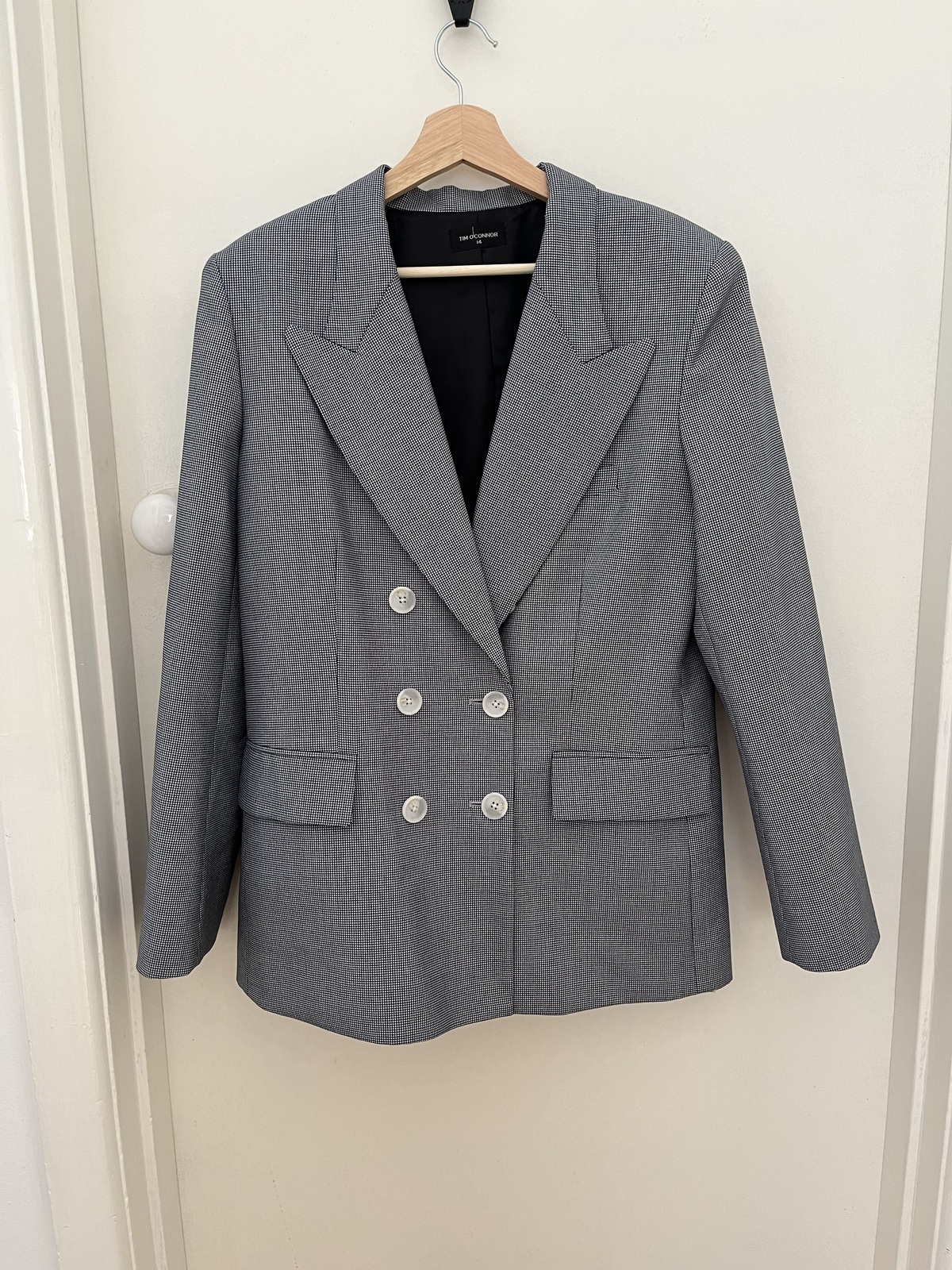 Navy and White Houndstooth Wool Blazer