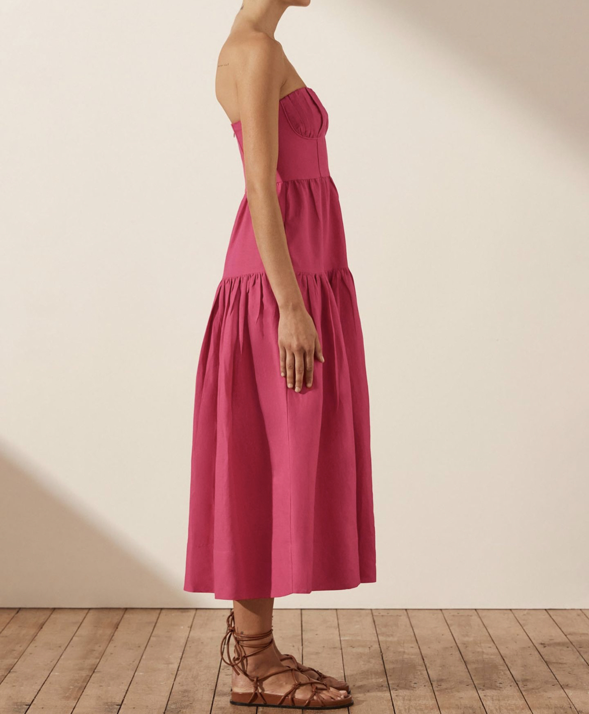 Joanine Strapless Ruched Midi Dress in Azalea Pink