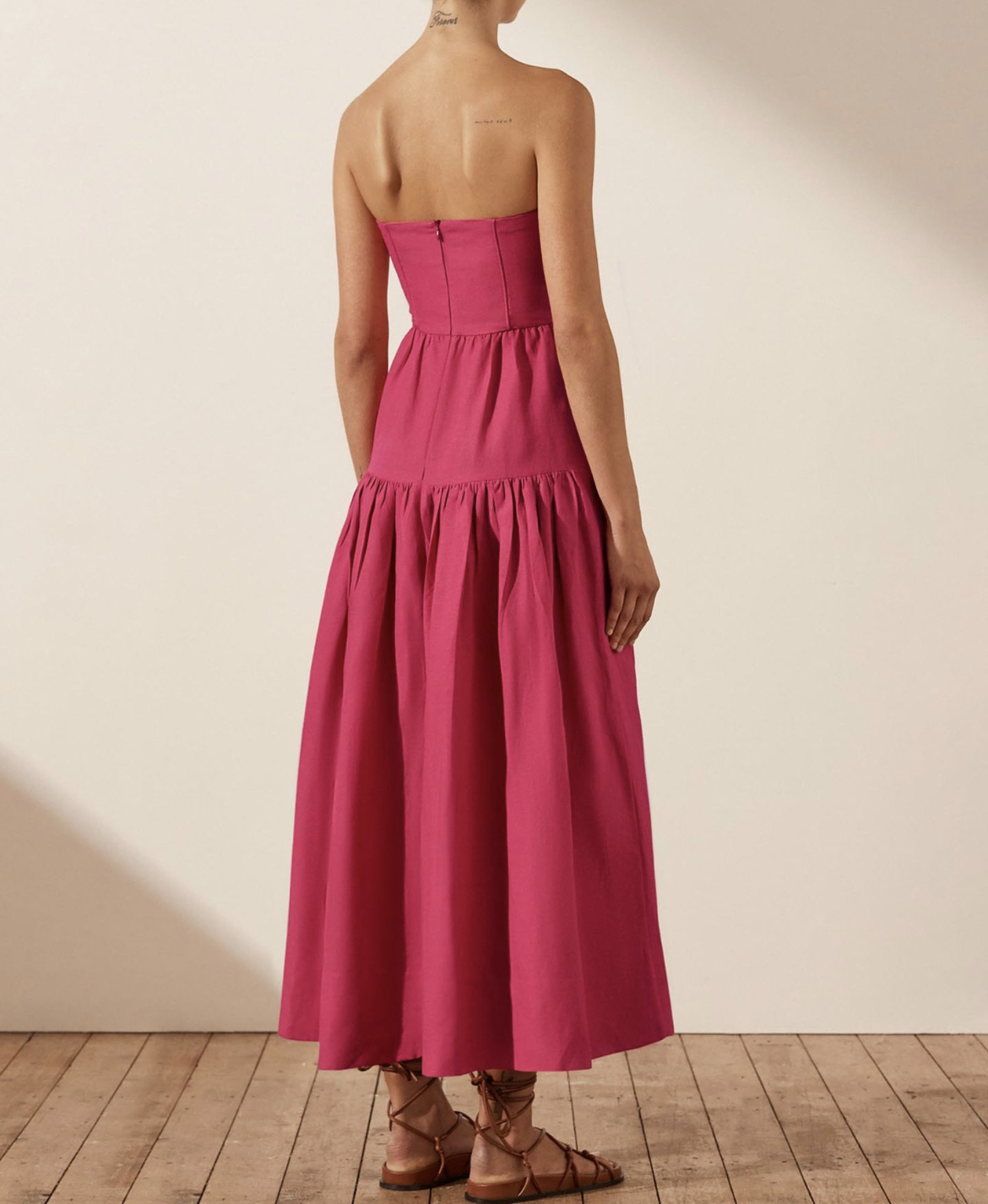 Joanine Strapless Ruched Midi Dress in Azalea Pink