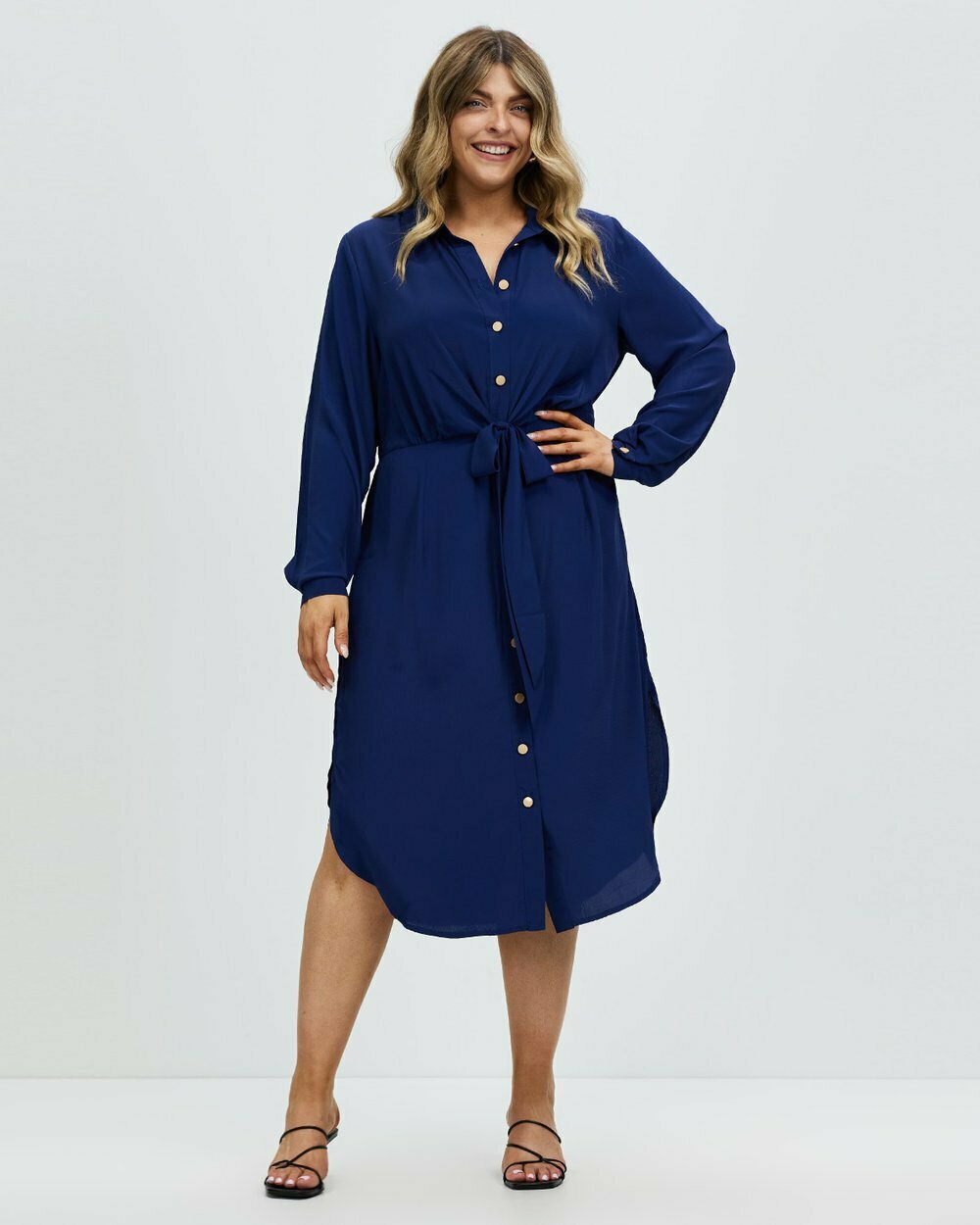 NWT Luxe Navy Shirt Midi-Dress Featuring Belted Waist Tie Accent
