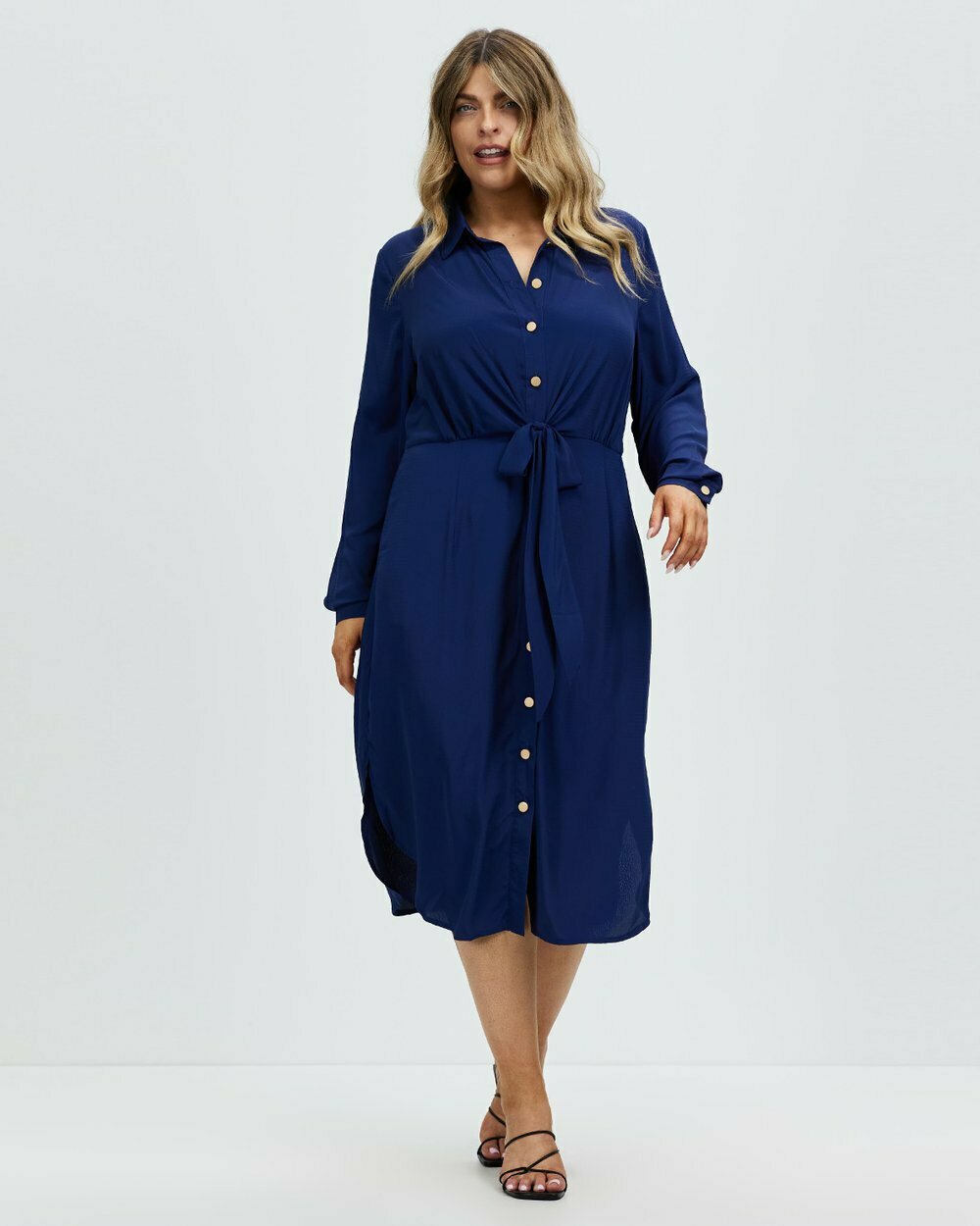NWT Luxe Navy Shirt Midi-Dress Featuring Belted Waist Tie Accent