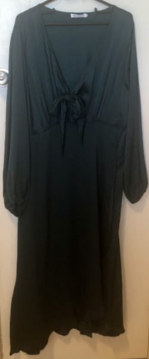 NWT Green Silky Midi-Dress with Tie Detail Neckline & Flowy Wrap Skirt