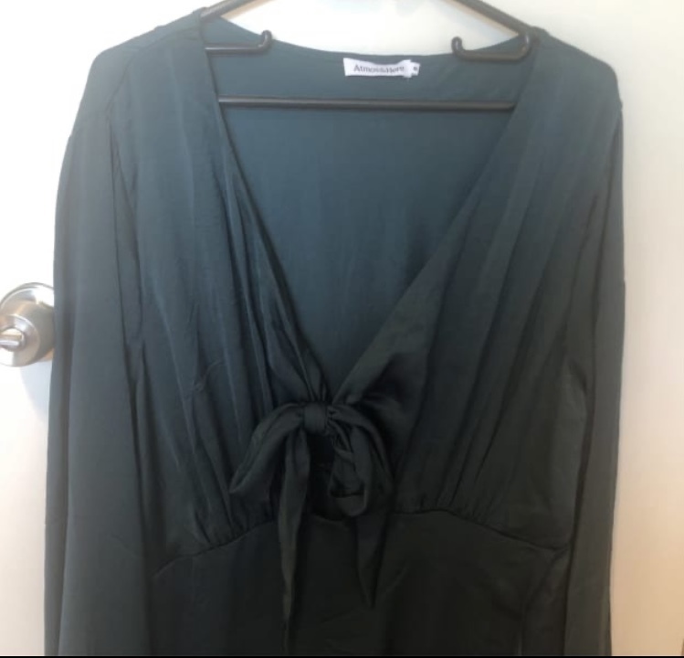 NWT Green Silky Midi-Dress with Tie Detail Neckline & Flowy Wrap Skirt