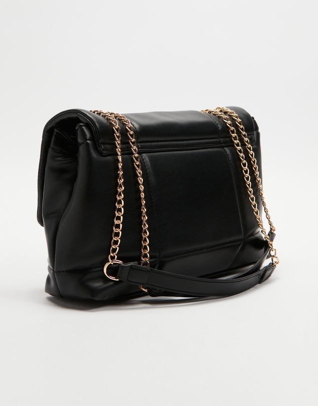 NWT Black Wide Quilted Shoulder Bag with Statement Gold Hardware