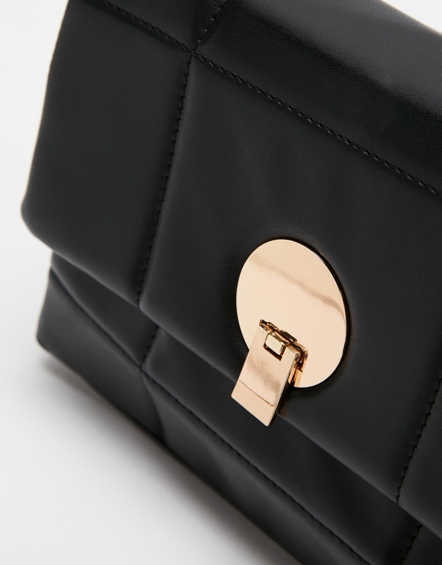 NWT Black Wide Quilted Shoulder Bag with Statement Gold Hardware