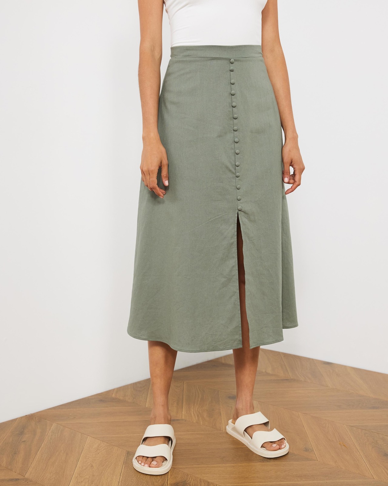 Vinny Button Front Linen Blend Skirt