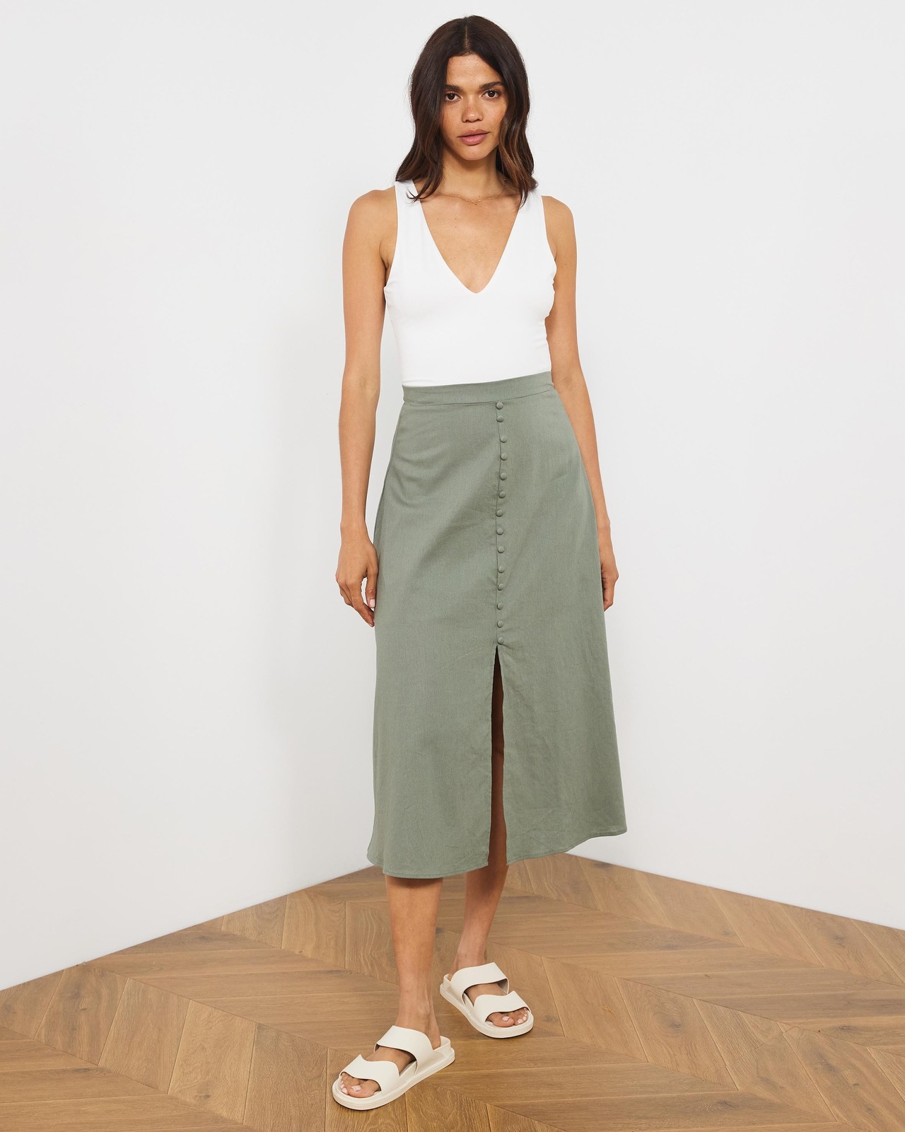 Vinny Button Front Linen Blend Skirt