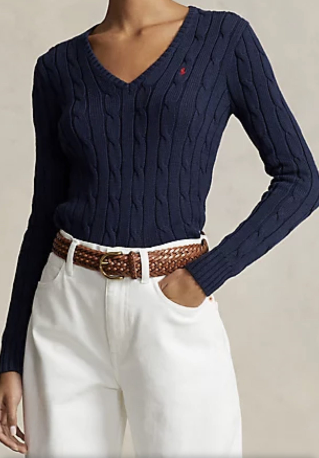 V NECK CABLE KNIT SWEATER NAVY BLUE