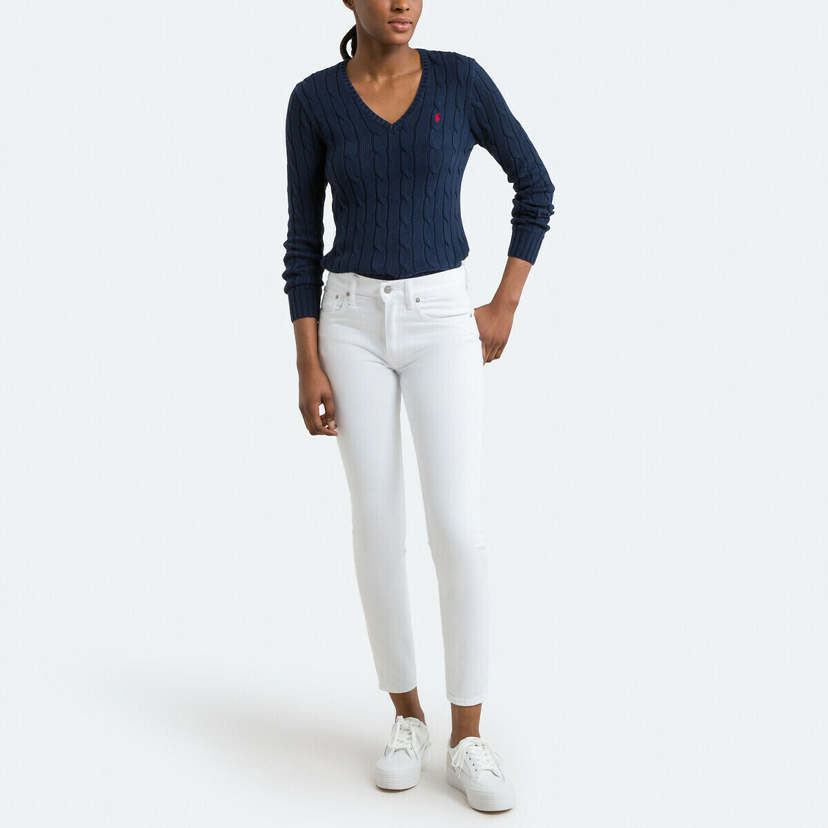 V NECK CABLE KNIT SWEATER NAVY BLUE