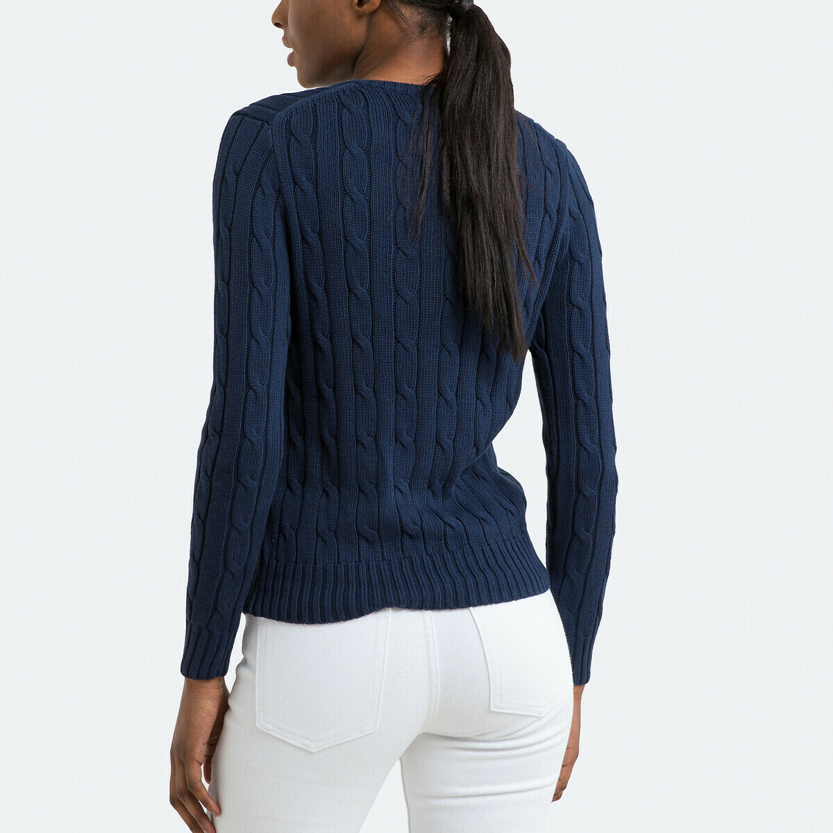 V NECK CABLE KNIT SWEATER NAVY BLUE