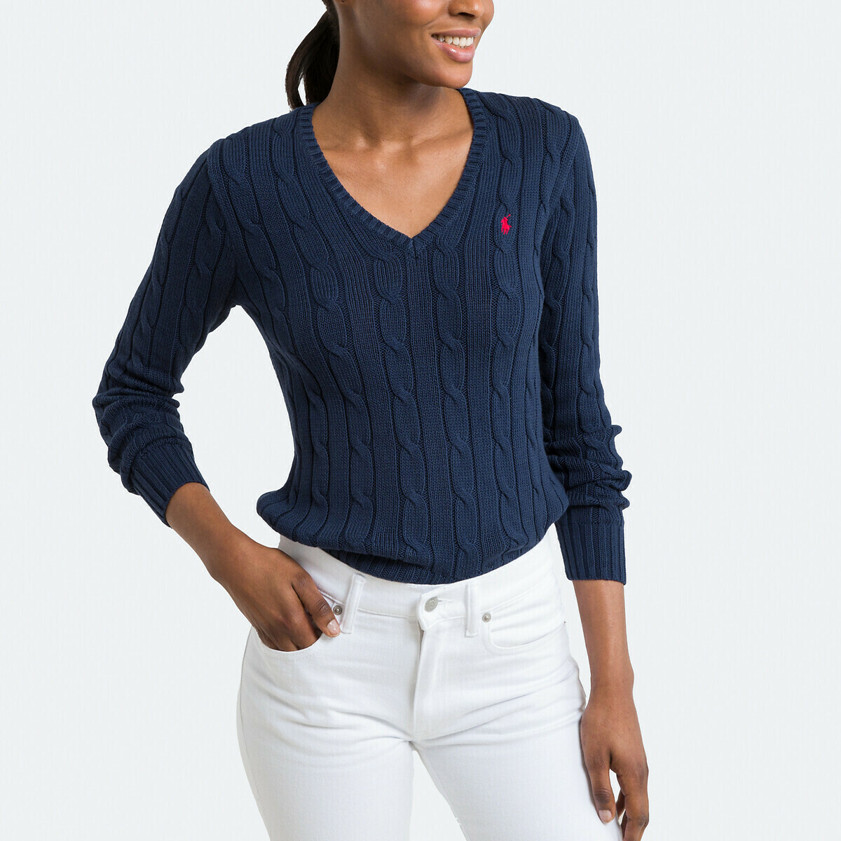 Ralph Lauren V NECK CABLE KNIT SWEATER NAVY BLUE - AirRobe