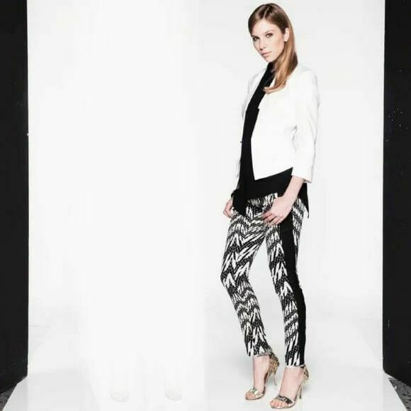 talian Fabric Cream Black Zigzag Slim Fit Pants
