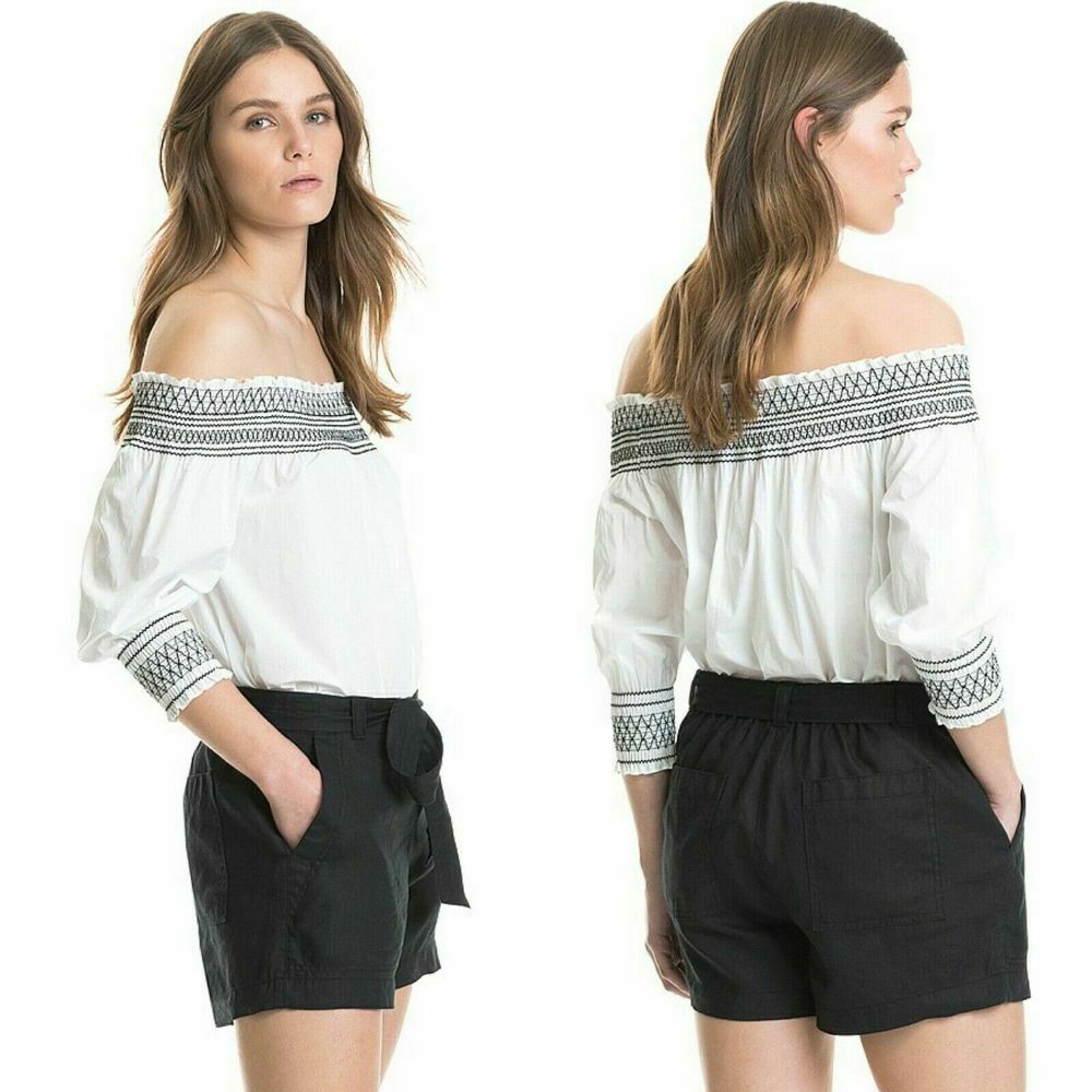 White Cotton Shirred Off The Shoulder Blouse Top NWT