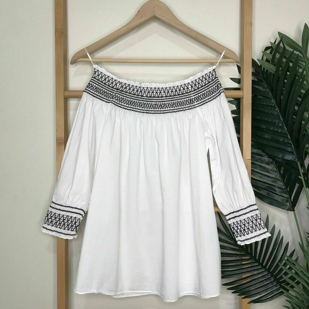 White Cotton Shirred Off The Shoulder Blouse Top NWT