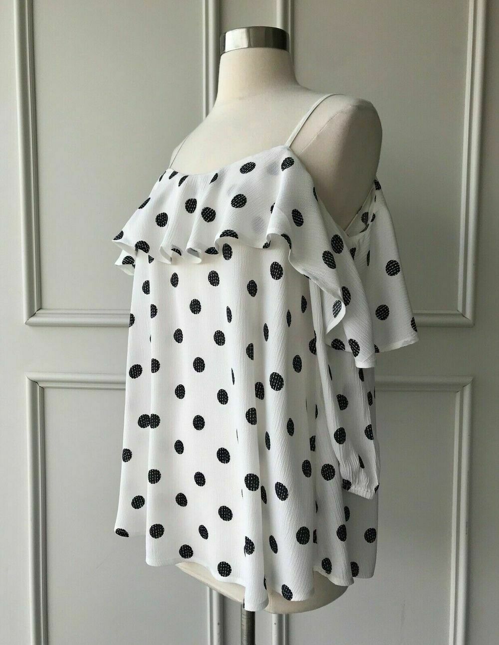 White Black Spot Print Cold Shoulder Top Blouse