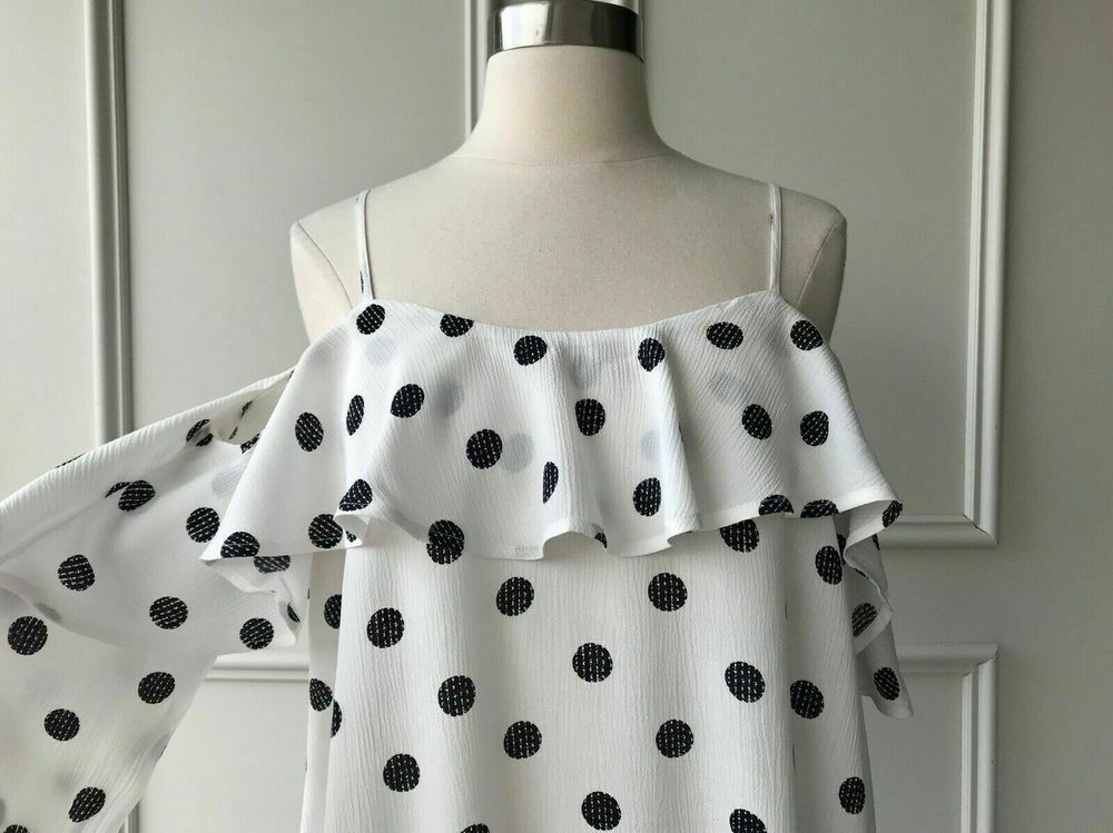 White Black Spot Print Cold Shoulder Top Blouse