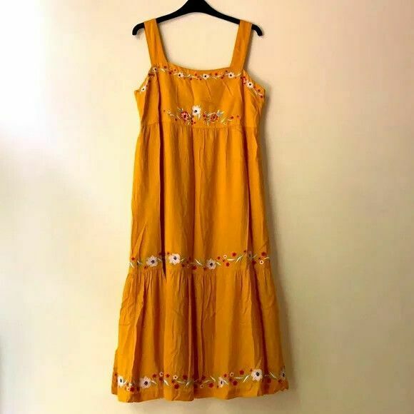Mustard Embroidered Floral Tiered Midi Dress