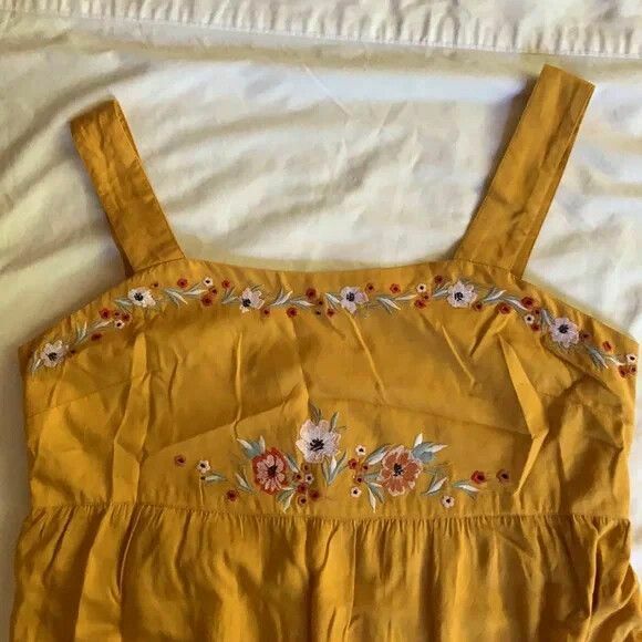 Mustard Embroidered Floral Tiered Midi Dress