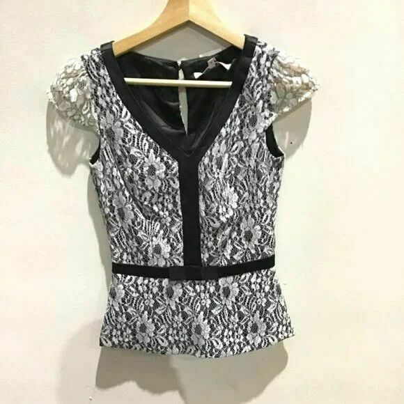 Pretty Please Black White Lace Peplum Top Blouse