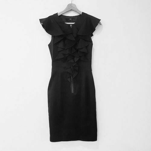 Black Satin Ruffle High Neck Zip Office Midi Dress
