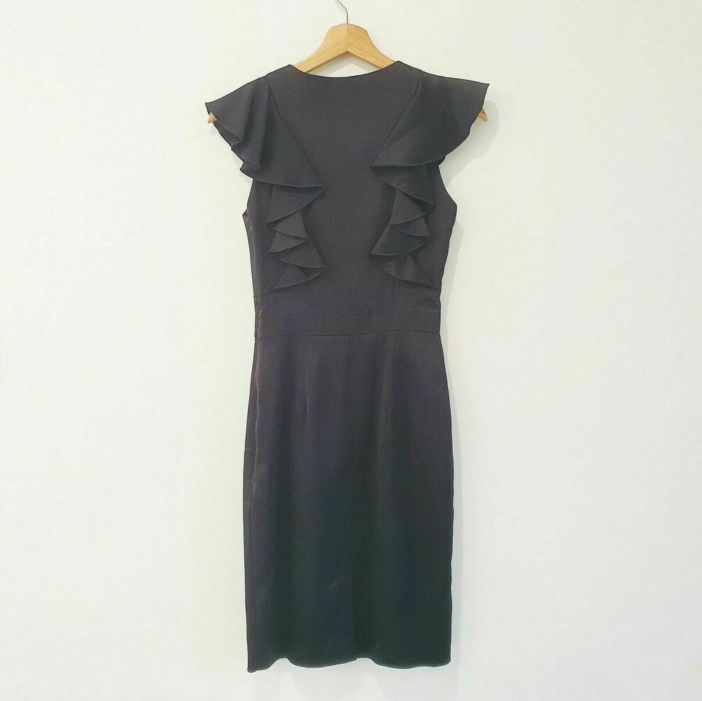 Black Satin Ruffle High Neck Zip Office Midi Dress