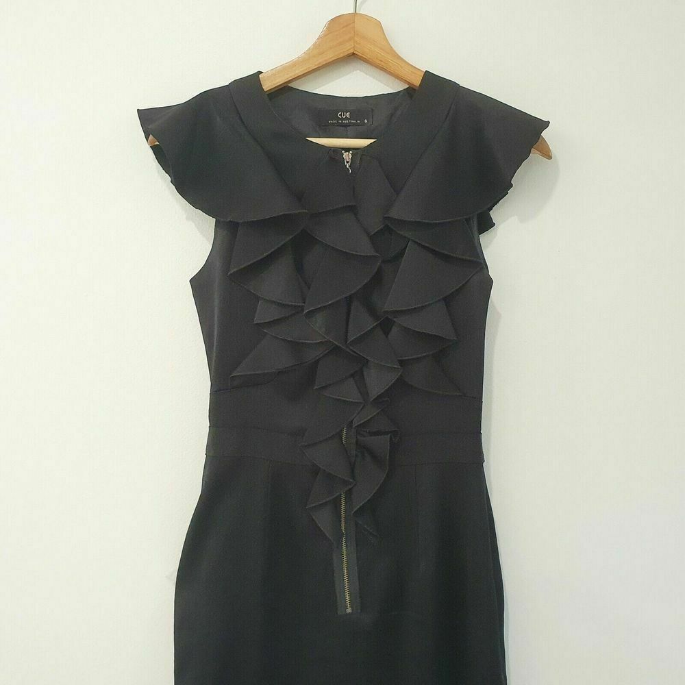 Black Satin Ruffle High Neck Zip Office Midi Dress